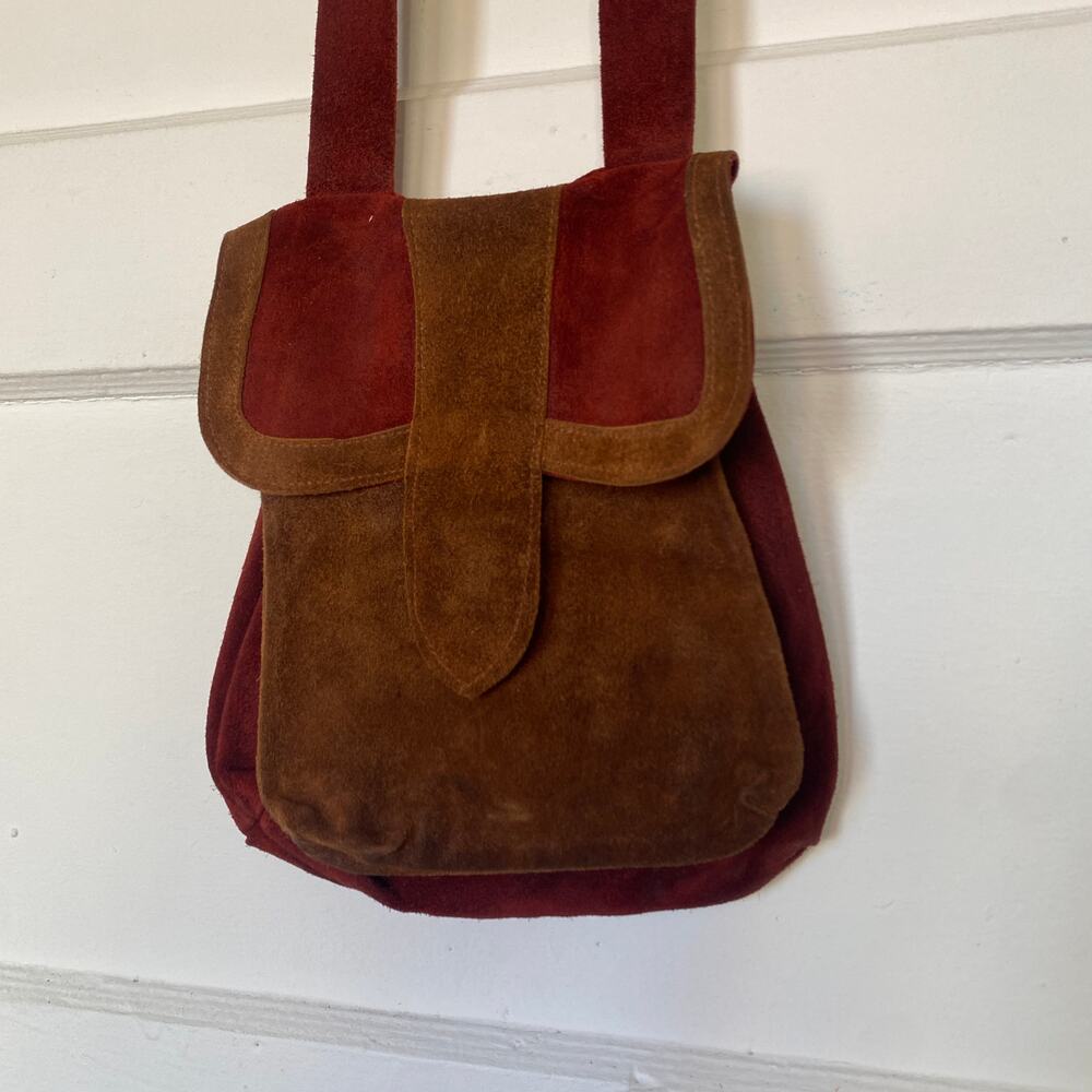 Vintage Lolise 1970s Boho Suede Leather Purse Bag Auburn Brown Crossbody Pockets